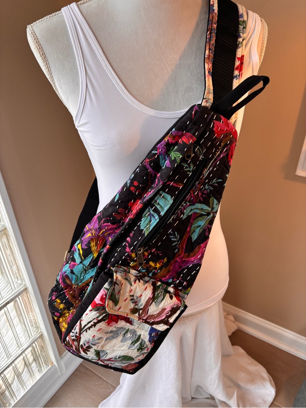 Vibrant Kantha Stitched Multi Pockets Sling Bag From Earthbound Trading Co 17”